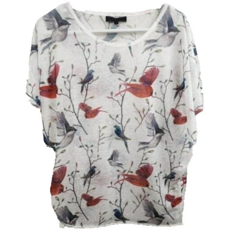 𝅺Funsport Womens Tunic Top Small White Bird Print Sheer Drawstring Side Fairy